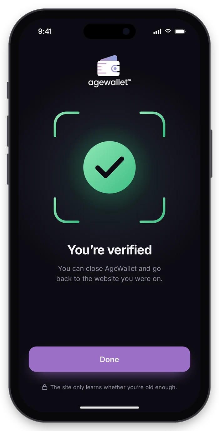The AgeWallet app confirming the user is verified and can return to the website