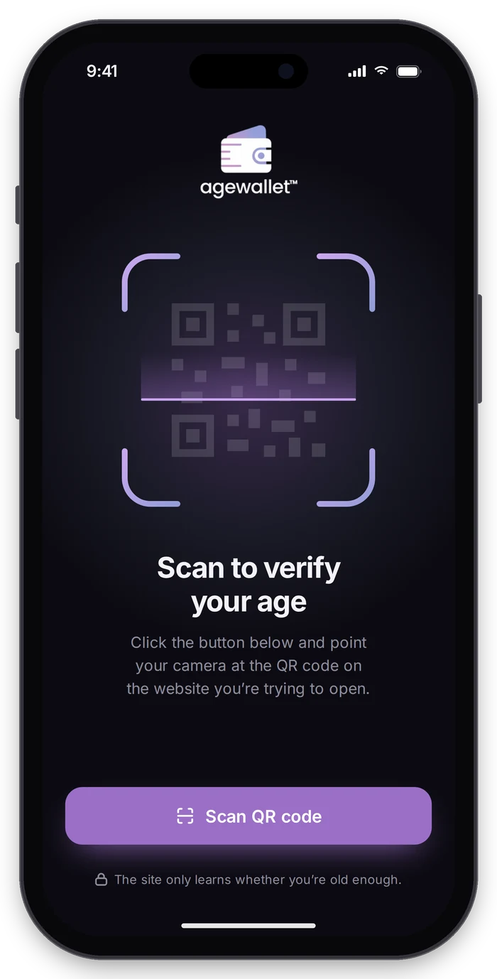 The AgeWallet app asking the user to scan the QR code on the website they are trying to access
