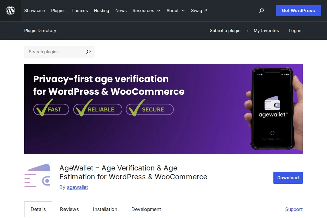 The AgeWallet plugin listing in the WordPress.org plugin directory