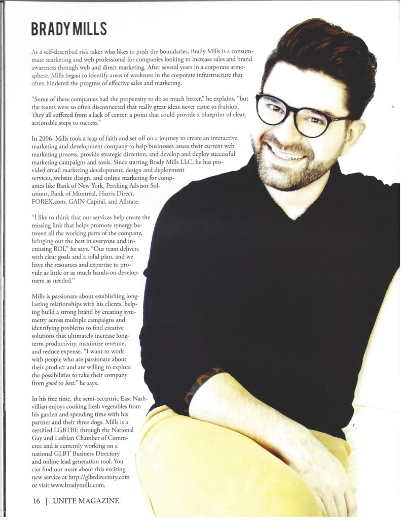 Brady Mills Nashville magazine highlight article - web designer & developer