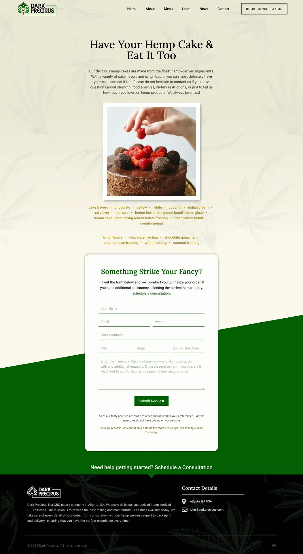 Dark Precious CBD pastries product page - website design example