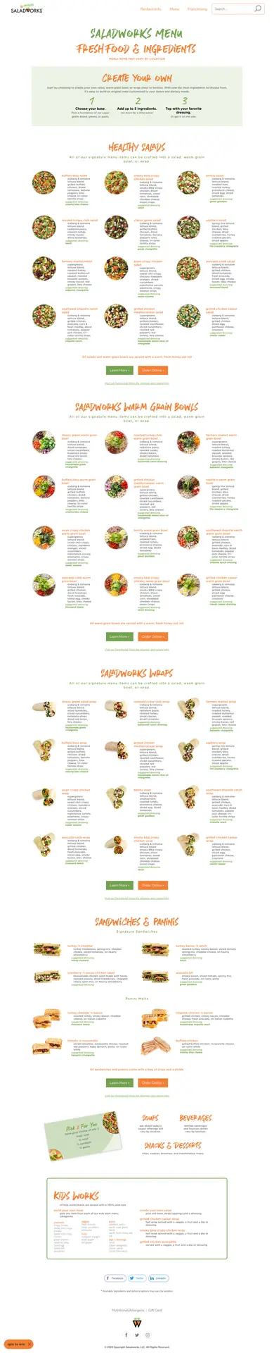 Saladworks online restaurant menu design - dynamic menu design